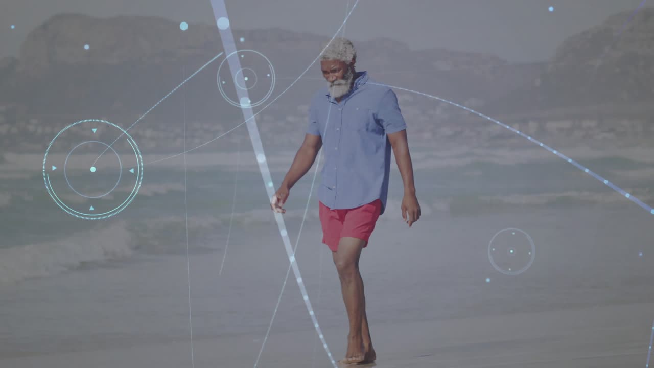 Mature man walking shore, camera tracking spawning HUDs crossing scene with lens flare for design
