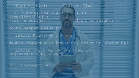 profesional médico que utiliza estetoscopio con superposición de animación de código de programación