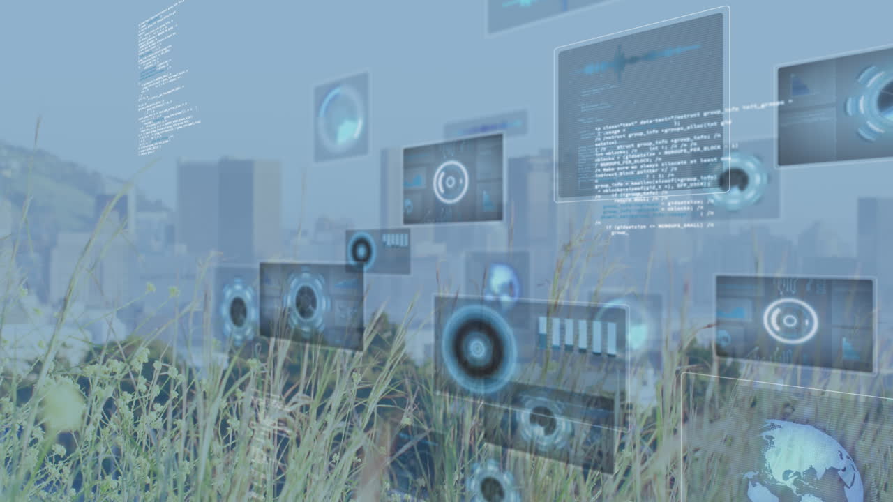 animación del procesamiento de datos con escaneo de alcance sobre el paisaje urbano