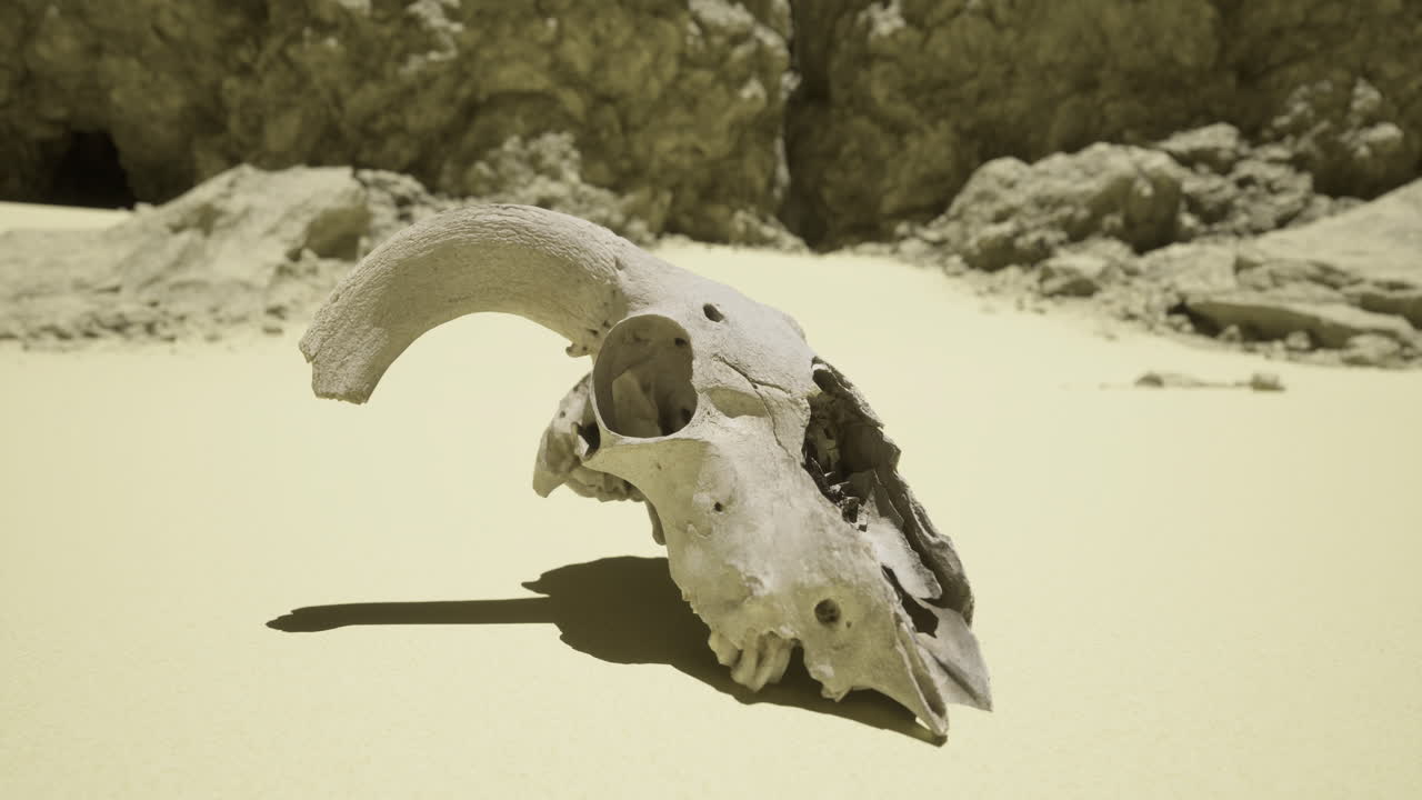 Skull of a ram resting on the arid desert floor beneath rocks