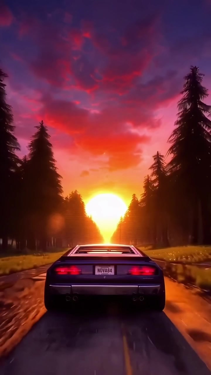 Auto sportiva retrò che guida verso un tramonto vibrante su una strada forestale