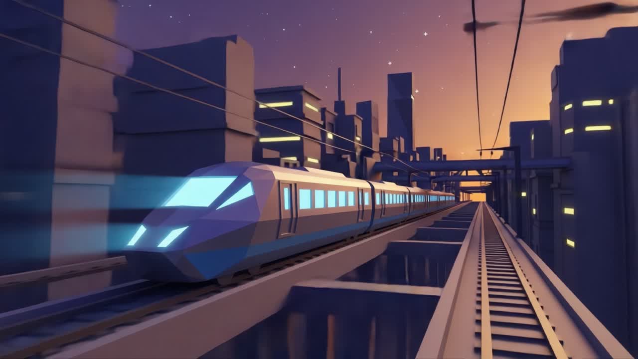 Futuristic Train Journey Through a Vibrant Urban Landscape During Sunset, Showcasing Modern Design and Engineering in Motion