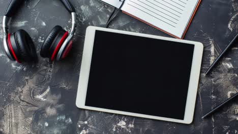 Creative-Workspace-with-Tablet,-Headphones,-and-Notepad