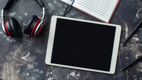 espacio de trabajo creativo con tableta, auriculares y bloc de notas