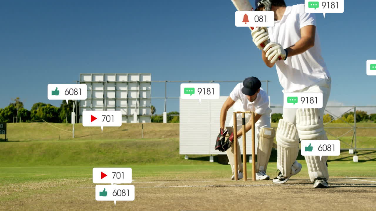 On field, cricketers playing with animation of social media notifications appearing