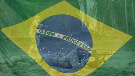 animation of flag of brasil over diverse soldiers