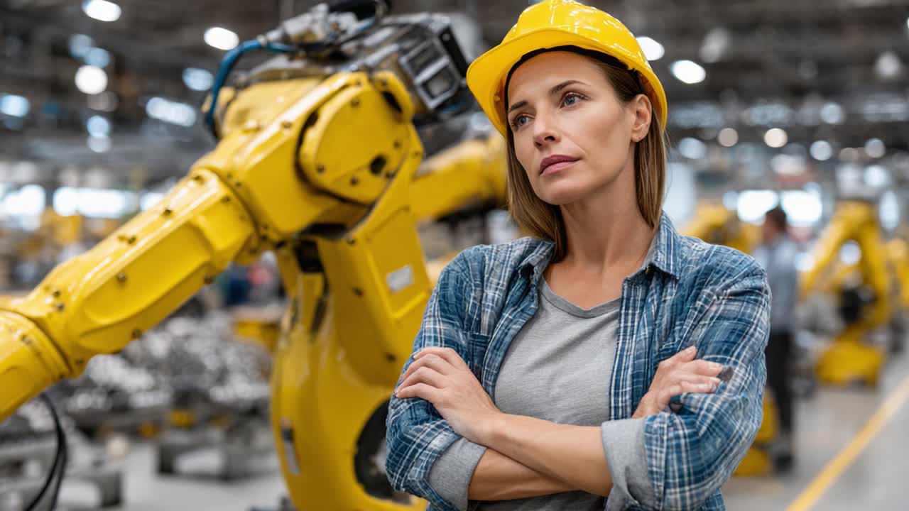 A Professional Woman in Safety Gear Ponders Innovation in Robotics Amidst an Advanced Manufacturing Environment with Automated Machinery