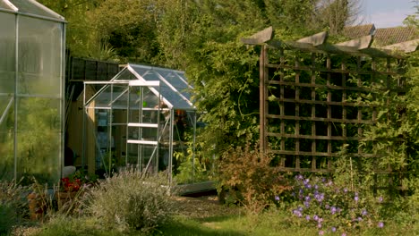 adult male walks out of a green house with a hot drink in hand