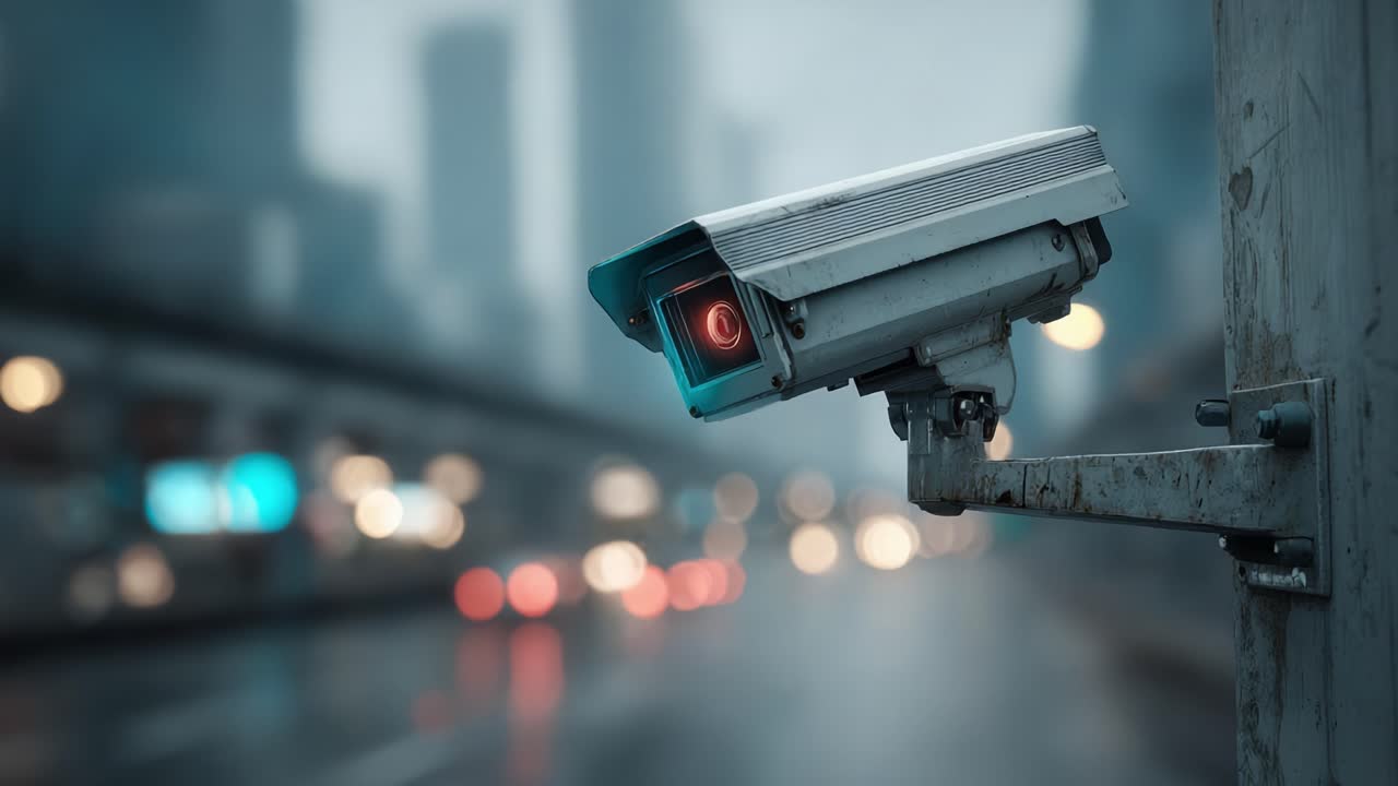 Surveillance Camera Monitoring City Streets in Rainy Weather, Capturing Vehicles and Passersby with a Red Light Indicator Signaling Active Recording