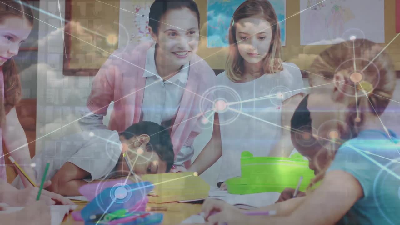 animación de la red de conexiones y nubes sobre el maestro y la clase de alumnos diversos