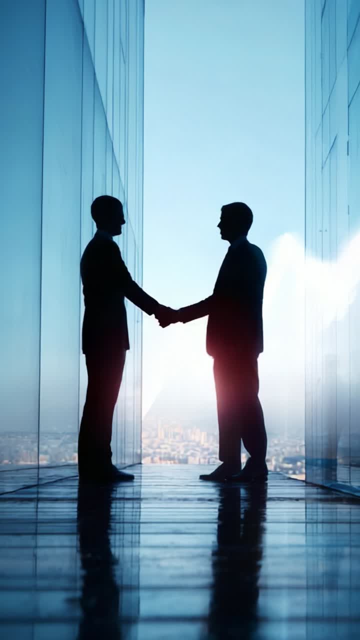 Due professionisti che si stringono la mano formalmente in un moderno ufficio in un grattacielo, con silhouette che si stagliano sullo sfondo luminoso dello skyline cittadino