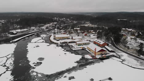 aerial shot of a canal museum and frozen canal during winter in trollhattan