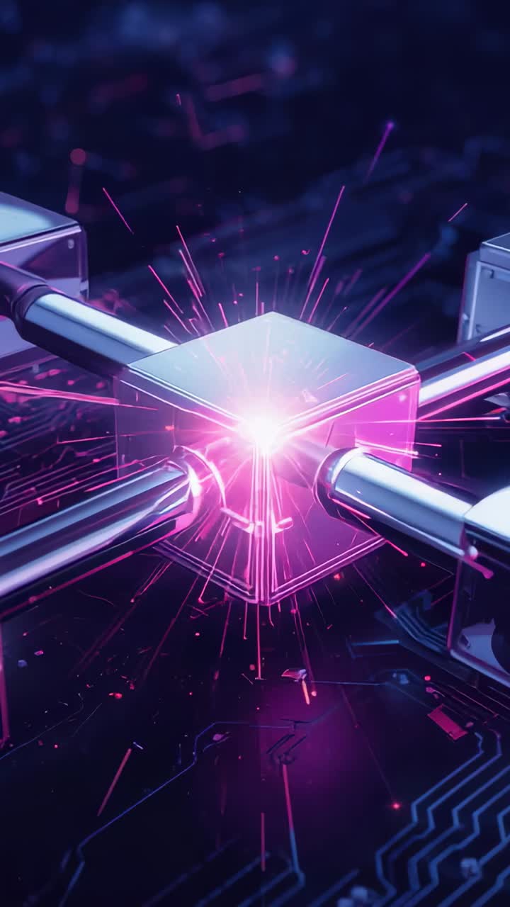 Video verticale: Cubo magenta pulsante che invia scintille lungo aste cromate su un circuito, instradando segnali.