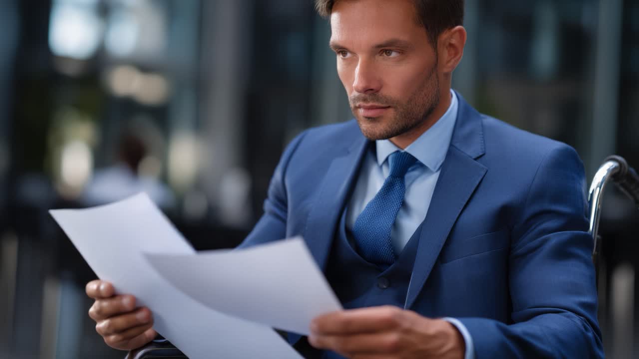 Professional Man in Suit Examining Documents with Focused Expression in Modern Office Environment During Business Meeting or Review Process