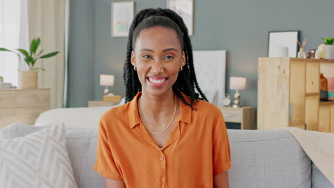 Happy-black-woman,-portrait-in-home-apartment