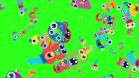 vibrant animated letters with monster faces float dynamically on a bright green background, creating a whimsical and lively atmosphere
