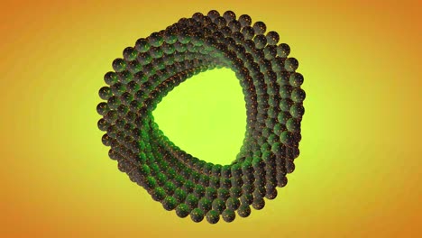 animación de bucle abstracto en 3d de una espiral retorcida hecha de esferas de lava de plástico brillantes con fondo de gradiente amarillo.