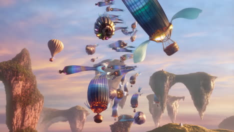 fantastical airships and hot air balloons over floating islands