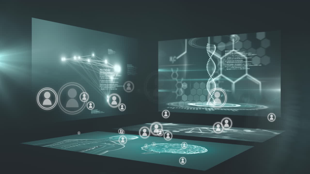 animación de iconos de medios y procesamiento de datos sobre fondo negro
