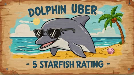 a playful dolphin wearing sunglasses enjoys a sunny beach day while showcasing a perfect five-star rating in a whimsical underwater ride theme