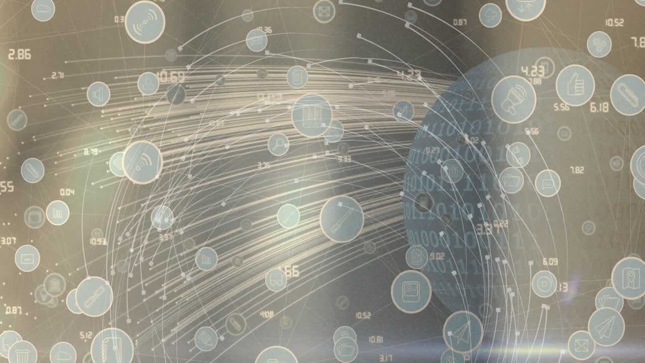 글로벌에서 바이너리 코딩 데이터 처리에 대한 디지털 아이콘 및 빛 트레일의 네트워크