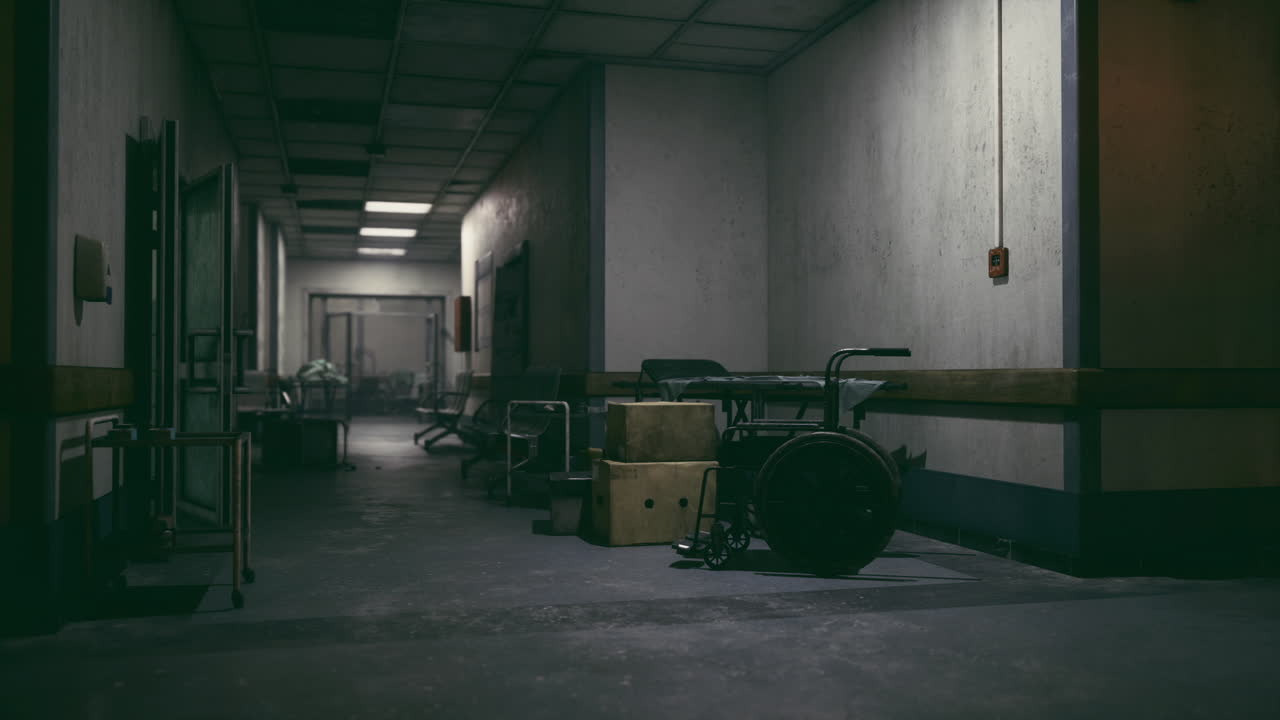 Derelict hospital passageway lined with disused crates and flickering lights