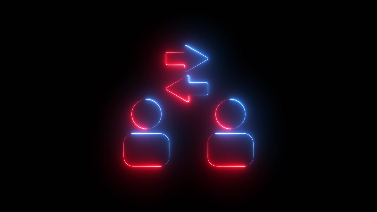 Interazione utente al neon luminoso con frecce di scambio, animazione isolata su sfondo nero