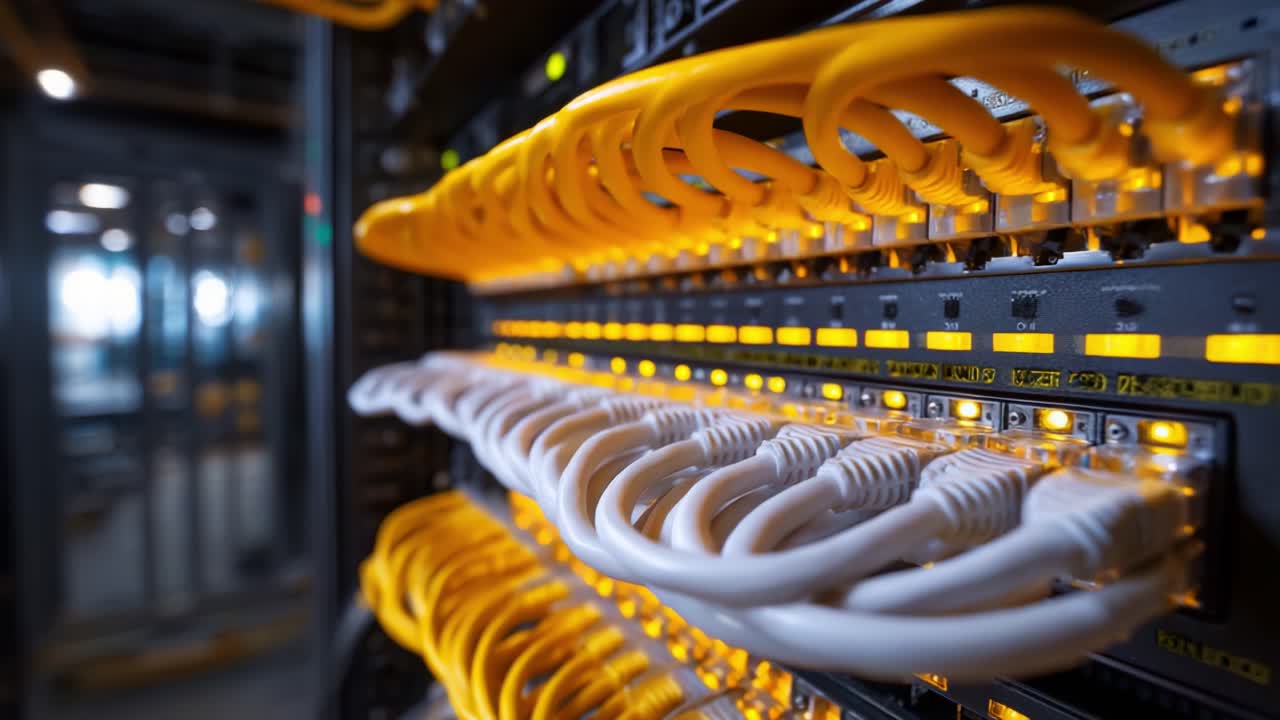 A Close-Up View of Network Equipment with Vibrant Yellow and White Ethernet Cables Highlighting the Intricacies of Data Connectivity and Communication Infrastructure