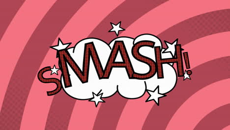 animation of vintage comic cartoon speech bubble with smash! text written on red striped background