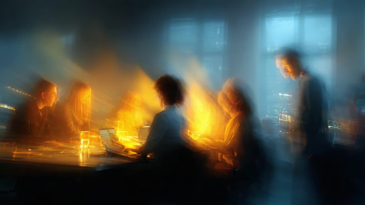 Engaging Collaboration in a Creative Workspace: A Dynamic Meeting Among Professionals Illuminated by Soft Lighting and Innovative Ideas