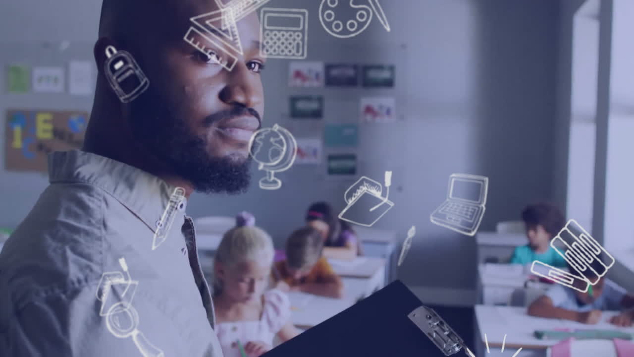 animación de los íconos de los artículos escolares más centrado diverso maestro masculino con los estudiantes en el aula