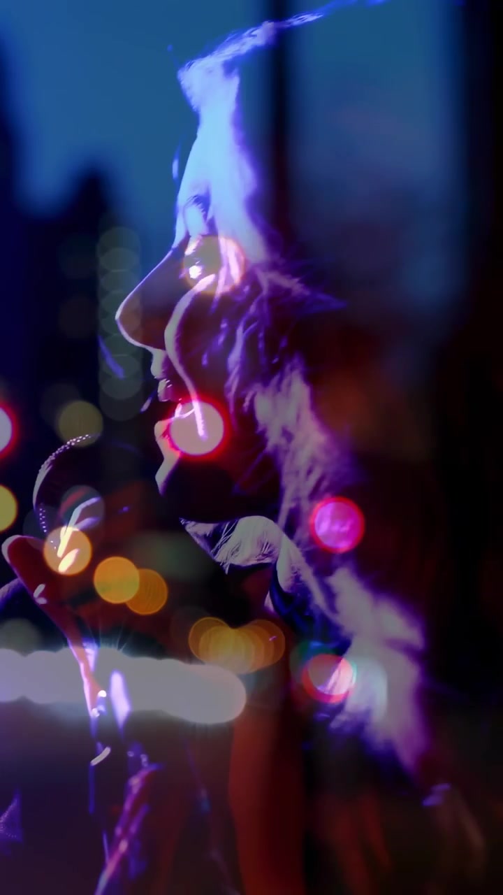 Video verticale: Cantante che emerge da una sovrapposizione di finestra cantando nel microfono sotto un bokeh con bordo al neon per la musica.