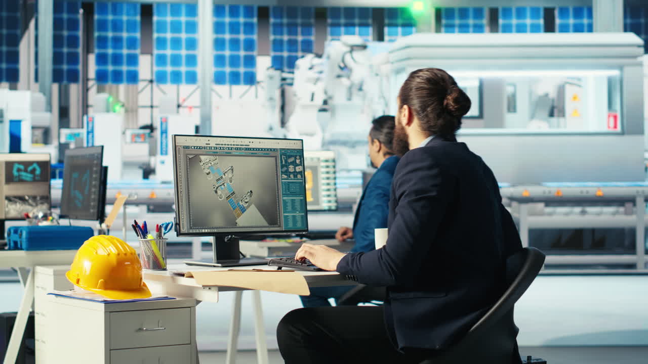 ingegnere di fabbrica fotovoltaica che legge i documenti, regola i parametri del sistema