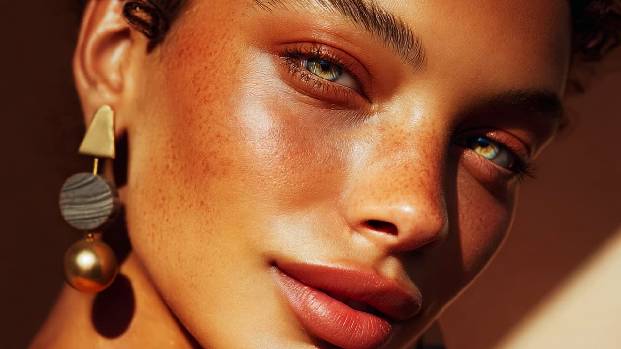 Betagende nærbilledeportræt af en kvinde med slående træk og strålende hud, der fremviser smukke fregner, dristig makeup og fantastiske smykker, belyst af naturligt lys
