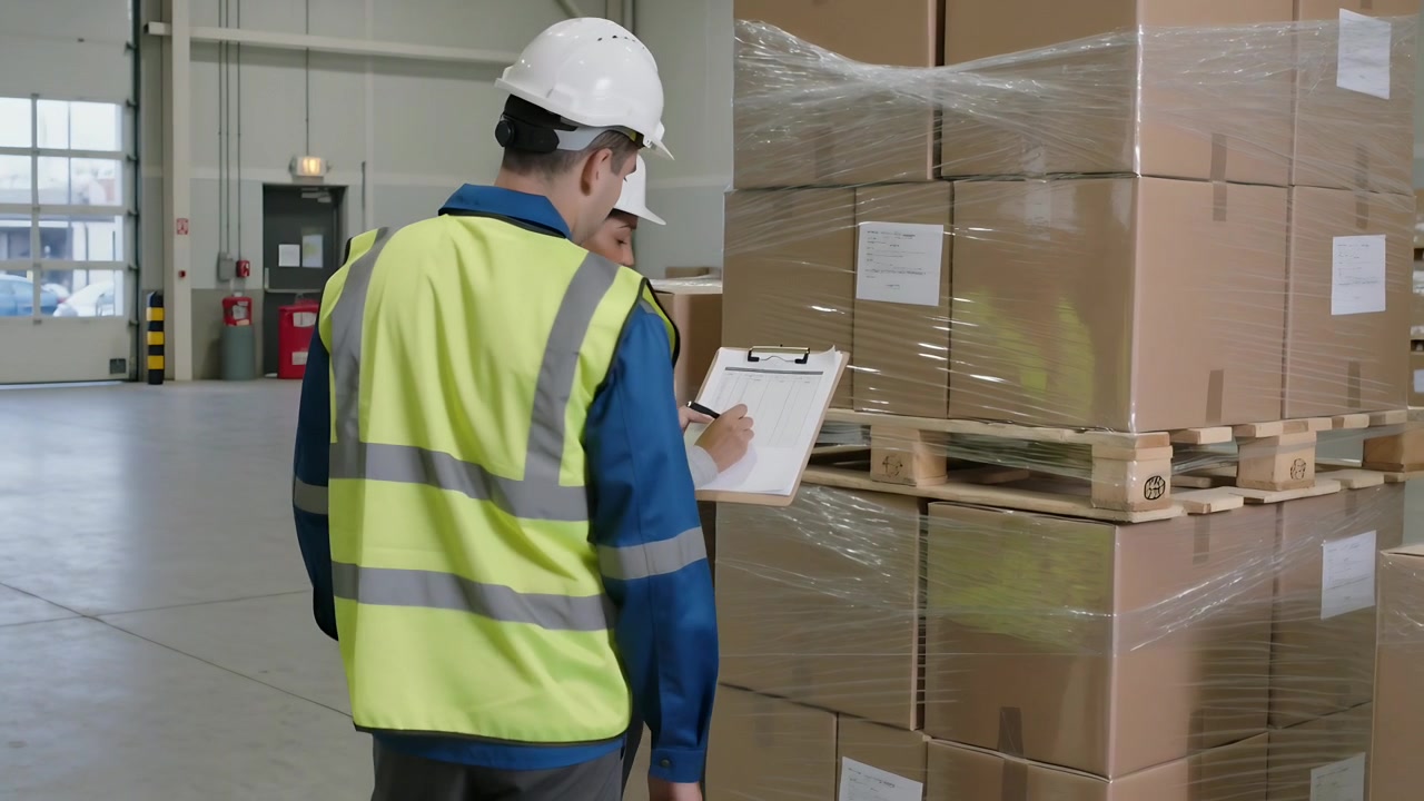 Controllo dei lavoratori dopo la consegna, che scansionano etichette per la registrazione nell'area di carico con appunti e giubbotti.
