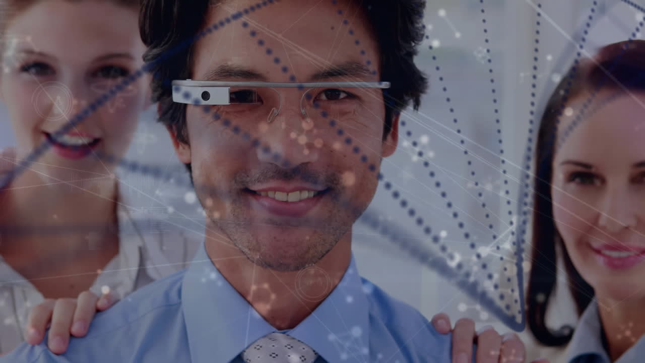 vr 안경을 입은 두 인종 사업가 위에 회전하는 dna 가닥의 애니메이션