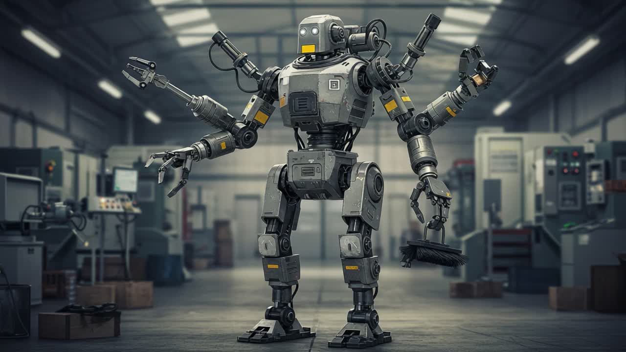 Advanced Industrial Robot Using Multi-Functional Arms for Cleaning Tasks in a High-Tech Manufacturing Environment, Showcasing Innovative Automation Solutions