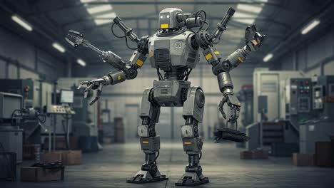 advanced industrial robot using multi-functional arms for cleaning tasks in a high-tech manufacturing environment, showcasing innovative automation solutions