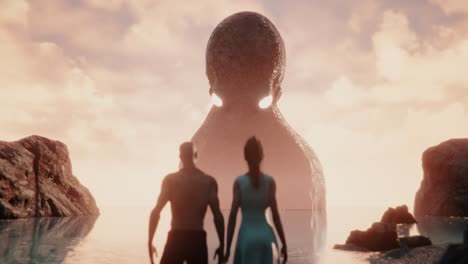 Animation-of-Couple-standing-next-to-the-ocean-when-a-giant-octopus-rise-from-the-horizon