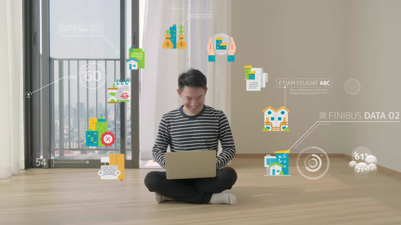 Asian man with hi-tech smart gadget technology online shopping and work from home WFH, relax productive work futuristic virtual hologram, finance business report data management technology.