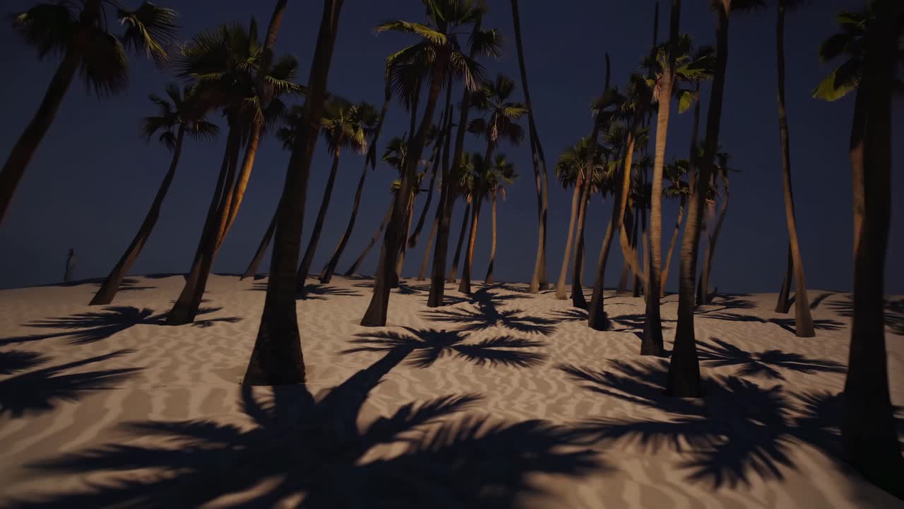 Tranquil night scene on a tropical beach with palm trees casting long shadows on the sand under the moonlight, creating a serene and peaceful atmosphere