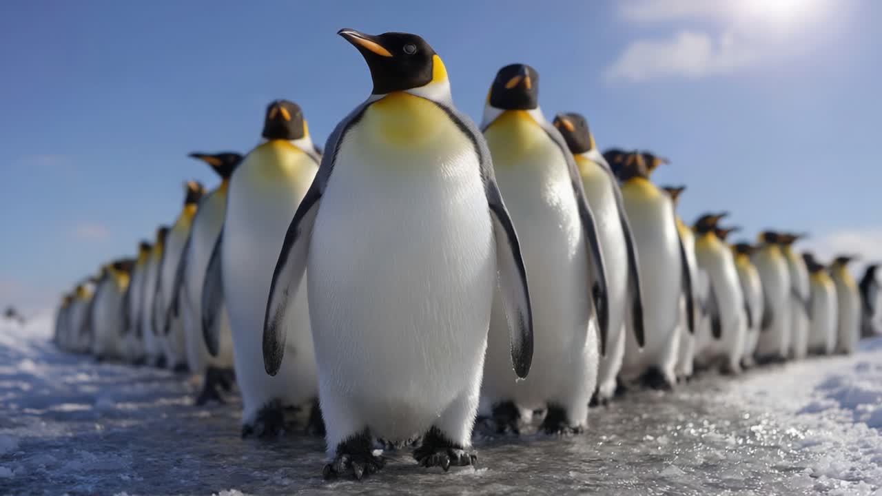 A Charming Parade of Penguins: Captivating Moments Showcasing the Grace and Unity of a Waddle of Majestic Emperor Penguins on Icy Terrain