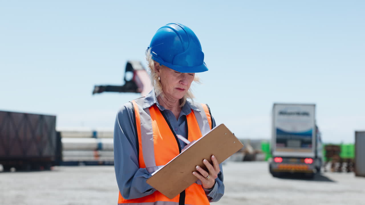 Mature Woman Engineer Writing on Clipboard in Industrial Port
