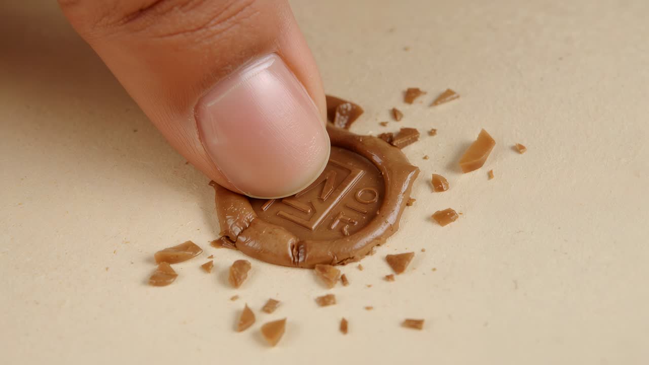 Pressing adult fingertip sliding along brown wax seal on beige parchment, lifting away with chips