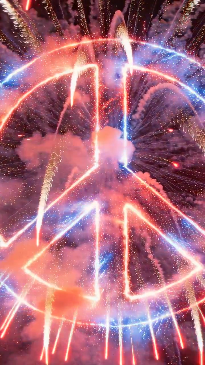 Video vertical: Encendiendo fuegos artificiales, estructura formando el símbolo de la paz de noche para un evento con líneas rojas y azules