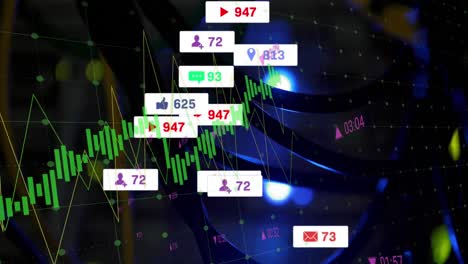 animación de notificaciones digitales de redes sociales con gráficos de líneas y números de negociación contra la lámpara