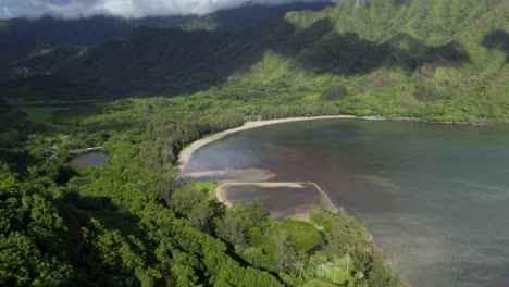 kahana bay below crouching lion hike in oahu, hawaii, aerial view