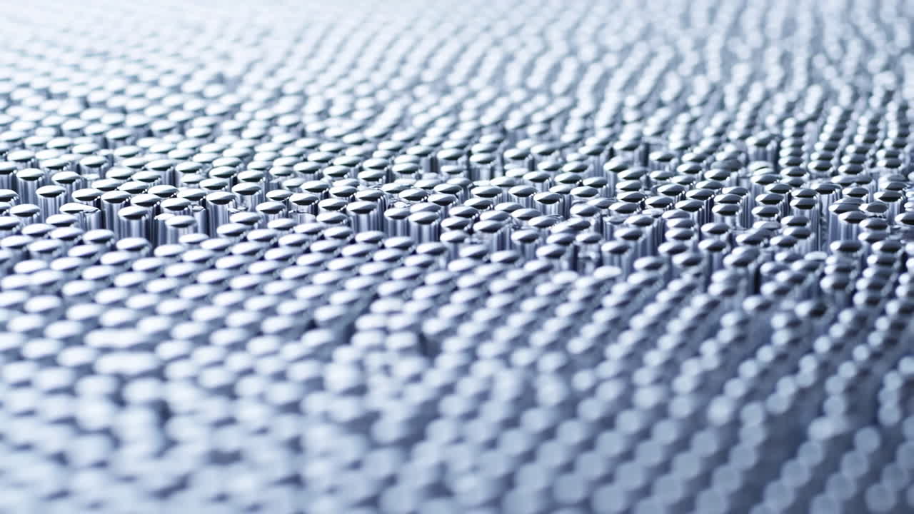 Macro Metallic Surface In Cool Blue, Shallow Depth Of Field Revealing Rhythmic Rows Of Tiny Cylindrical Posts,