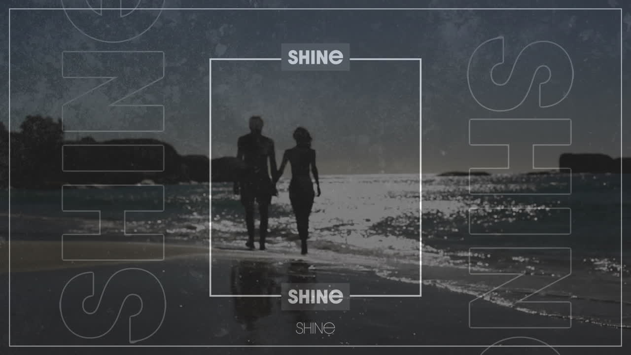 해변에서 커플을 가리키는 빛나는 텍스트의 애니메이션