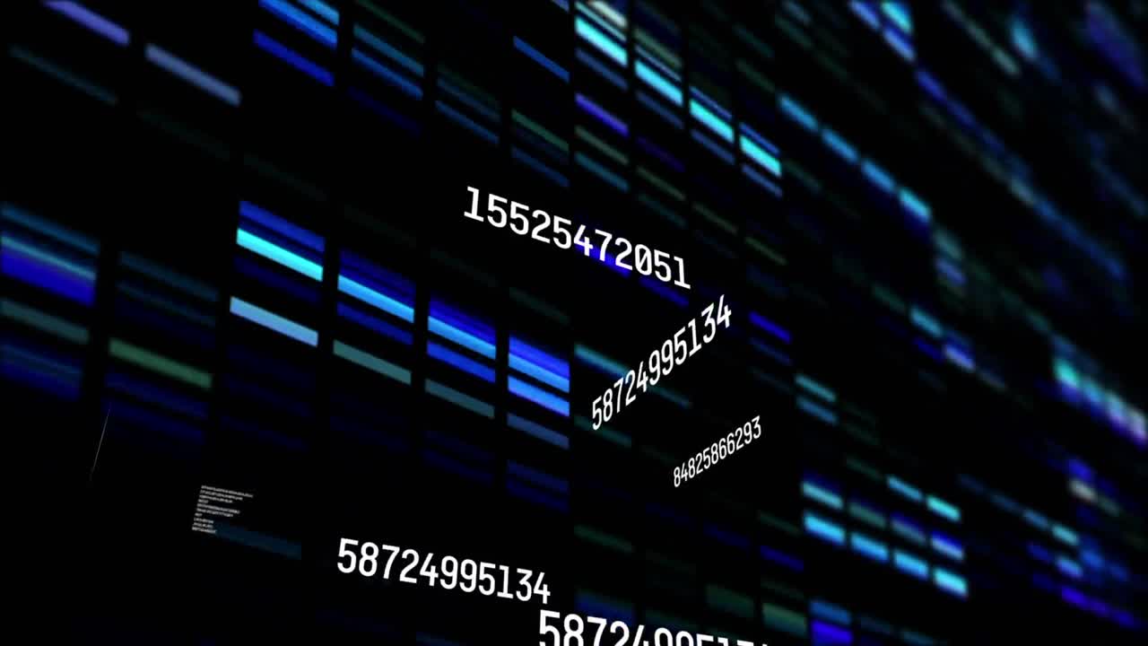 Digital animation of changing numbers and data processing against mosaic squares on black background